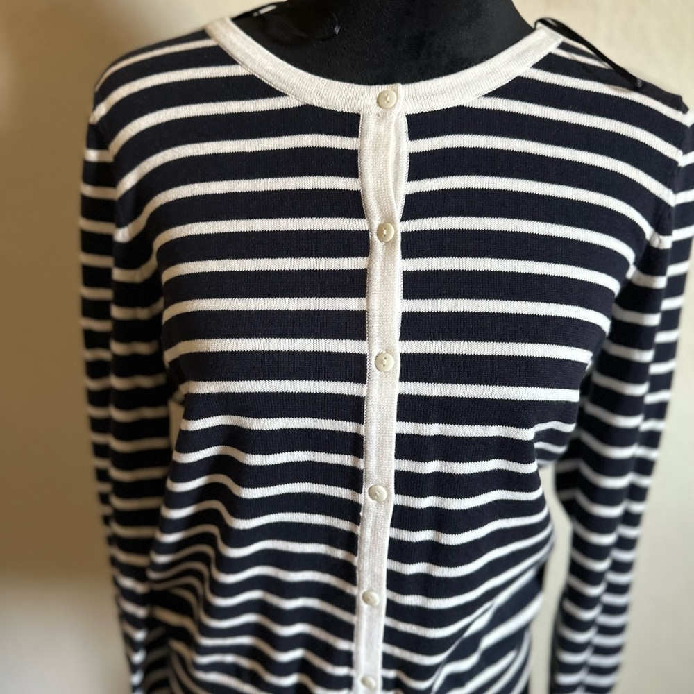 “Basic Edition” Cardigan Womens M Blue White‎ Stripe Button Front Long Sleeve